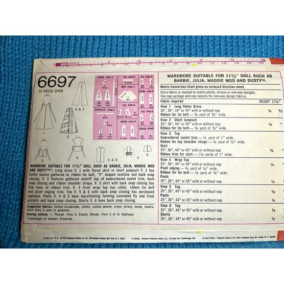 Simplicity Pattern 6697 Barbie 11 1/2in doll clothes 1970s dress jumpsuit top - Picture 4 of 6
